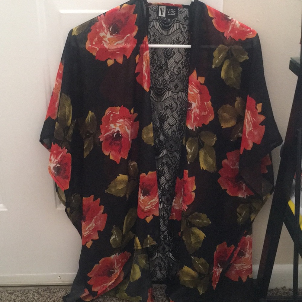 Black floral Kimono with Lace
